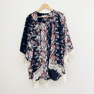 Umgee Floral Kimono With Lace Trim